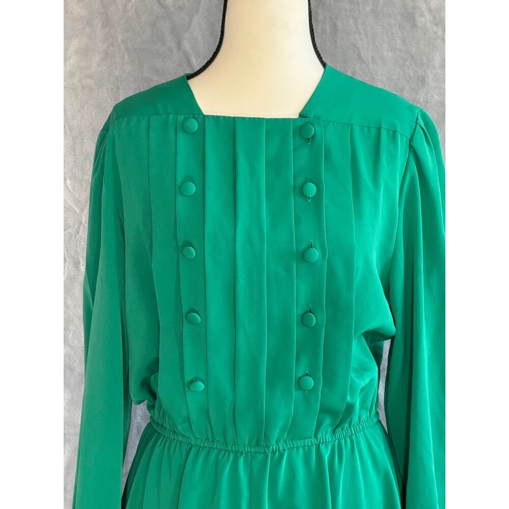 VINTAGE Hana Sung 80s Green Secretary Midi Dress Pleated Buttons Women's Size 10